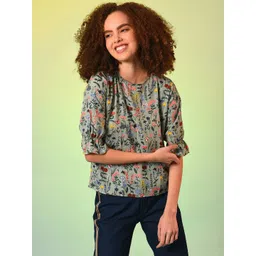 Campus Sutra Green Floral Print Mandarin Collar Roll-Up Sleeves Top-picture-21