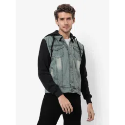 Campus Sutra Grey & Black Regular Fit Colour Block Hooded Jacket-picture-31