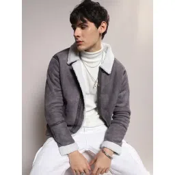 Campus Sutra Grey & White Regular Fit Biker Jacket-picture-17