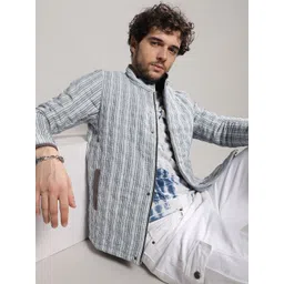 Campus Sutra Grey & White Striped Windcheater Cotton Biker Jacket-picture-12