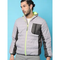 Campus Sutra Grey Cotton Regular Fit Colour Block Puffer Jacket-image-36