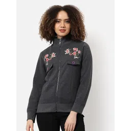Campus Sutra Grey Floral Embroidered Cotton Front-Open Sweatshirt image 1