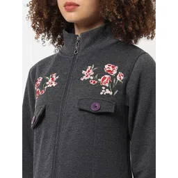 Campus Sutra Grey Floral Embroidered Cotton Front-Open Sweatshirt image 2