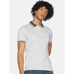 Campus Sutra Grey Striped Polo Collar Cotton T-shirt-picture-24