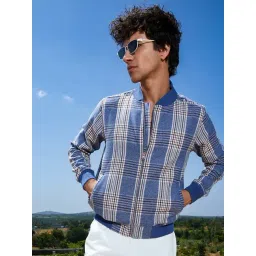 Campus Sutra Icy Blue Cotton Regular Fit Checks Bomber Jacket-picture-44