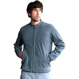 campus sutra Me Jacket | Band Collar, Long Button-Cuff Sleeves | Zipper, Straight Hem | Solid Textured | Woven Fabric For Casual & | Aegean Blue-picture-47