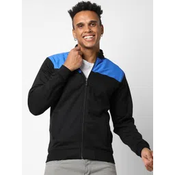 Campus Sutra Men Black Blue Cotton Colourblocked Windcheater Outdoor Sporty Jacket-picture-20
