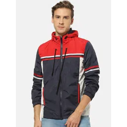 Campus Sutra Men Blue Colourblocked Windcheater Outdoor Bomber Jacket-picture-20