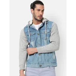 Campus Sutra Men Blue Grey Washed Colourblocked Windcheater Outdoor Denim Jacket-picture-38