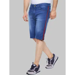 Campus Sutra Men Blue Mid-Rise Side Striped Washed Cotton Denim Shorts-picture-37