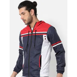 Campus Sutra Men Blue Striped Windcheater Outdoor Sporty Jacket-picture-34