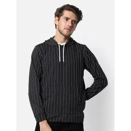 Campus Sutra Men Charcoal Striped Hooded Sweatshirt-picture-15