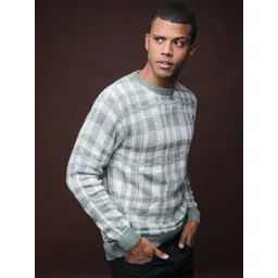 Campus Sutra Men Green & White Checked Round Neck Pullover-picture-10