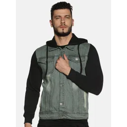 Campus Sutra Men Grey Colourblocked Hooded Denim Jacket-picture-32