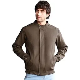 campus sutra Men Jacket | Band Collar, Long Stretch-Cuff Sleeves | Zipper, Stretch-Straight Hem | Solid Coated | Woven Fabric For Casual & | Mocha Brown-picture-45