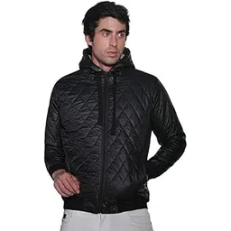 campus sutra Men Jacket | Hooded Neck, Long Ribbed Cuff Sleeves | Zipper, Ribbed-Straight Hem | Solid Quilted | Woven Fabric For Casual| Obsidian Black-picture-10