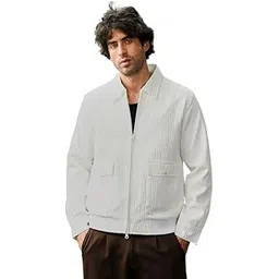 campus sutra Men Jacket | Point Collar, Long Button Cuff Sleeves | Zipper, Ribbed-Straight Hem | Solid Textured | Woven Fabric For Casual | Chalk White-picture-10