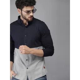 Campus Sutra Men Navy Blue & Grey Standard Fit Colourblocked Casual Shirt-picture-40