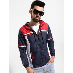 Campus Sutra Men Navy Blue & Red Colourblocked Windcheater Outdoor Hooded Bomber Jacket-picture-18