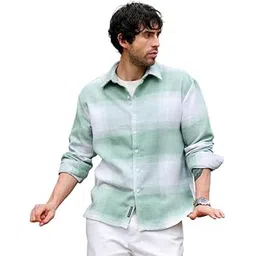 campus sutra Men Shirt | Spread Collar, Long Single-Button Cuff Sleeves | Button, Straight Hem | Plaid Twill | Woven Fabric for Casual Light Pistachio:Cream White-picture-23