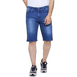 campus sutra Men Slim Fit Solid Side Striped Stretch Stylish New Trends Blue Denim Shorts(SUMM22_JN_SHORT3L_M_PLN_LBU)-picture-12