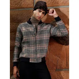 Campus Sutra Men Stand Collar Checked Lightweight Bomber Jacket-picture-22