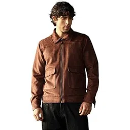campus sutra Men Suede Zip-Front Jacket | Point Collar, Long Button-Cuff Sleeves | Zipper, Band-Straight Hem | Solid Textured | Woven Fabric For Casual Wear | Chocolate Brown-picture-12