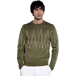 campus sutra Men Sweater | Round Neck, Long Ribbed-Cuff Sleeves | Pull On, Ribbed-Straight Hem | Geometric Jacquard Knitted Fabric for Casual Olive Green-picture-51