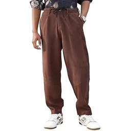 campus sutra Men Trousers | Relaxed Fit Durable Polyester Blend with Smooth Texture & Turned-Up Hem | Drawstring Waist & Functional Pockets for Casual Wear | Chocolate Brown-picture-42