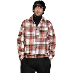 campus sutra Men Twill-Plaid Utility Bomber Jacket | Point Collar, Long Button-Cuff Sleeves | Snap Button, Stretch-Straight Hem | Plaid Twill | Woven Fabric For Casual | Rust Orange-picture-10