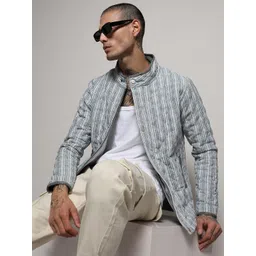 Campus Sutra Men White Striped Stand Collar Windcheater Quilted Jacket-picture-16