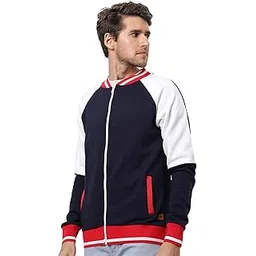 campus sutra Men's Blue & Red Colour-Blocked Solid Regular Fit Cotton Varsity Jacket For Winter Wear | Low-Cut Standing Collar | Full Sleeve | Zipper | Casual Jacket For Man | Stylish Jacket For Men-picture-15