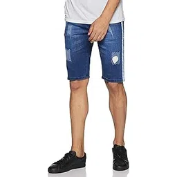 campus sutra Men’s Classic Blue Medium-Washed Distressed Side Striped Regular Fit Denim Shorts | Mid-Rise Stretchable Cotton Denim Shorts Crafted with Comfort Fit & High Performance for Everyday Wear-picture-11