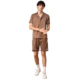 campus sutra Men's Cotton Blend Textured Co-Ord Set For Casual Wear | Cuban Collar | Short Sleeve | Button Closure | Co-Ords Crafted With Comfort Fit For Everyday Wear-picture-24