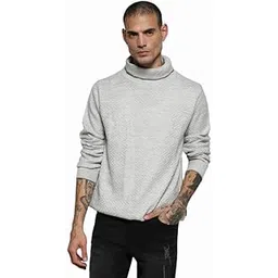 campus sutra Men's Light Grey Herringbone Textured Pullover Sweater for Casual Wear | Turtle Neck | Long Sleeve | Pull On Closure | Cotton Sweater Crafted with Comfort Fit for Everyday Wear-picture-20