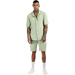 campus sutra Men's Mint Green Ruche-Ribbed Co-Ord Set for Casual Wear | Spread Collar | Short Sleeve | Button Closure | Co-Ords Crafted with Comfort Fit for Everyday Wear-picture-33