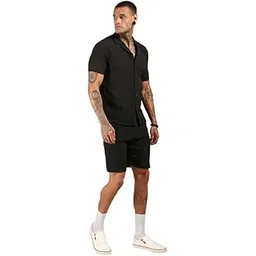 campus sutra Men's Onyx Black Crease-Box Co-Ord Set for Casual Wear | Cuban Collar | Short Sleeve | Button Closure | Co-Ords Crafted with Comfort Fit for Everyday Wear-picture-36