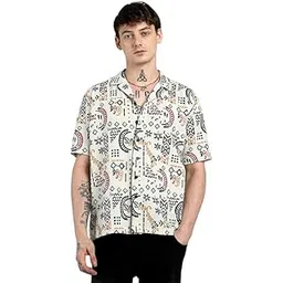 campus sutra Men's Polycotton Overd Mandala Shirt for Casual Wear | Cuban Collar | Short Sleeve | Button Closure | Shirt Crafted with Comfort Fit for Everyday Wear-picture-10