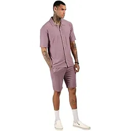 campus sutra Men's Polyester Blend Nude Pink Basket-Textured Co-Ord Set For Casual Wear | Spread Collar | Short Sleeve | Button Closure | Co-Ords Crafted With Comfort Fit For Everyday Wear-picture-10