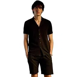 campus sutra Men's Polyester Onyx Black Crease-Box Co-Ord Set For Casual Wear | Cuban Collar | Short Sleeve | Button Closure | Co-Ord Set Crafted With Comfort Fit For Everyday Wear XL-picture-31