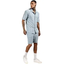 campus sutra Men's Powder Blue Ruche-Ribbed Co-Ord Set for Casual Wear | Spread Collar | Short Sleeve | Button Closure | Co-Ords Crafted with Comfort Fit for Everyday Wear-picture-25