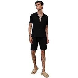 campus sutra Men's Textured Graph Check Co-Ord Set for Casual Wear | Cuban Collar | Short Sleeve | Button Closure | Co-Ord Set Crafted with Comfort Fit for Everyday Wear-picture-12