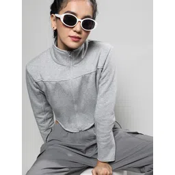 Campus Sutra Mock Collar Cotton Front Open Cropped Sweatshirt-picture-28