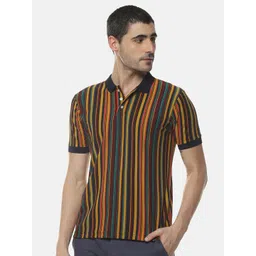 Campus Sutra Musturd Yellow Striped Polo Collar Cotton T-shirt-picture-30