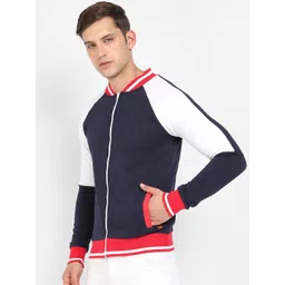 Campus Sutra Navy Blue & Black Colourblocked Windcheater Mock Collar Cotton Bomber Jacket-picture-17