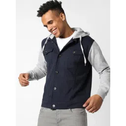 Campus Sutra Navy Blue & Grey Cotton Regular Fit Colour Block Hooded Jacket-picture-37