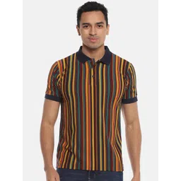 Campus Sutra Navy Blue & Mustard Yellow Striped Polo Collar Cotton T-shirt-picture-31