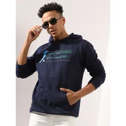Campus Sutra Navy Blue Typography Printed Hooded Cotton Sweatshirt-picture-22
