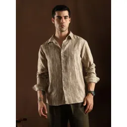 Campus Sutra Peanut Beige Daisy White Distortion-Weave Shirt-picture-10