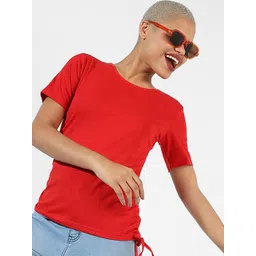 Campus Sutra Round Neck Ruched Cotton Top-picture-24